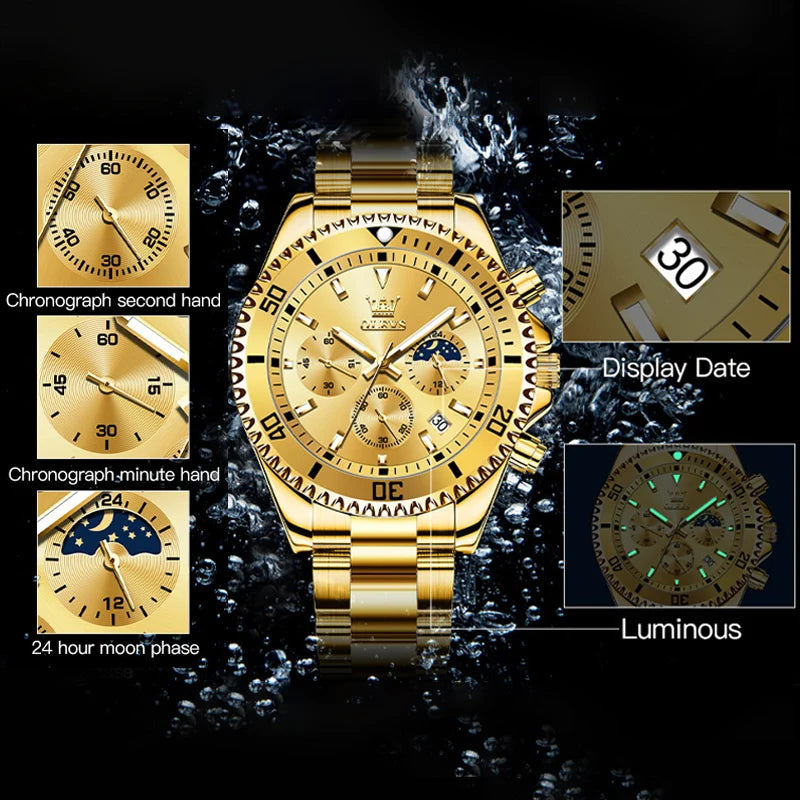 Olevs relógios masculinos marca superior relógio de luxo para homem original à prova dwaterproof água aço inoxidável cronógrafo fase da lua data rota dial