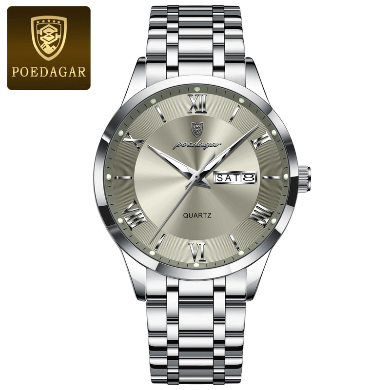 Poedagar luxo moda masculina relógio à prova dwaterproof água luminosa semana data esportes homem relógio de pulso aço inoxidável relógios quartzo reloj