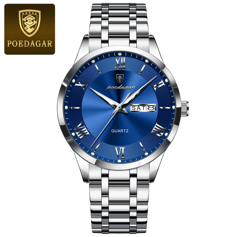 Poedagar luxo moda masculina relógio à prova dwaterproof água luminosa semana data esportes homem relógio de pulso aço inoxidável relógios quartzo reloj