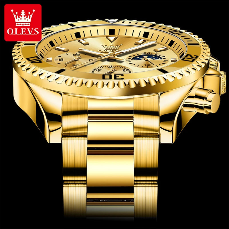 Olevs relógios masculinos marca superior relógio de luxo para homem original à prova dwaterproof água aço inoxidável cronógrafo fase da lua data rota dial