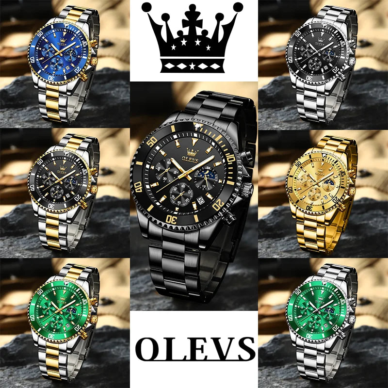 Olevs relógios masculinos marca superior relógio de luxo para homem original à prova dwaterproof água aço inoxidável cronógrafo fase da lua data rota dial