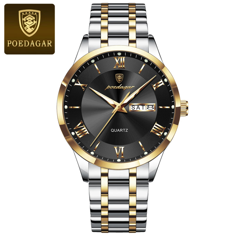 Poedagar luxo moda masculina relógio à prova dwaterproof água luminosa semana data esportes homem relógio de pulso aço inoxidável relógios quartzo reloj