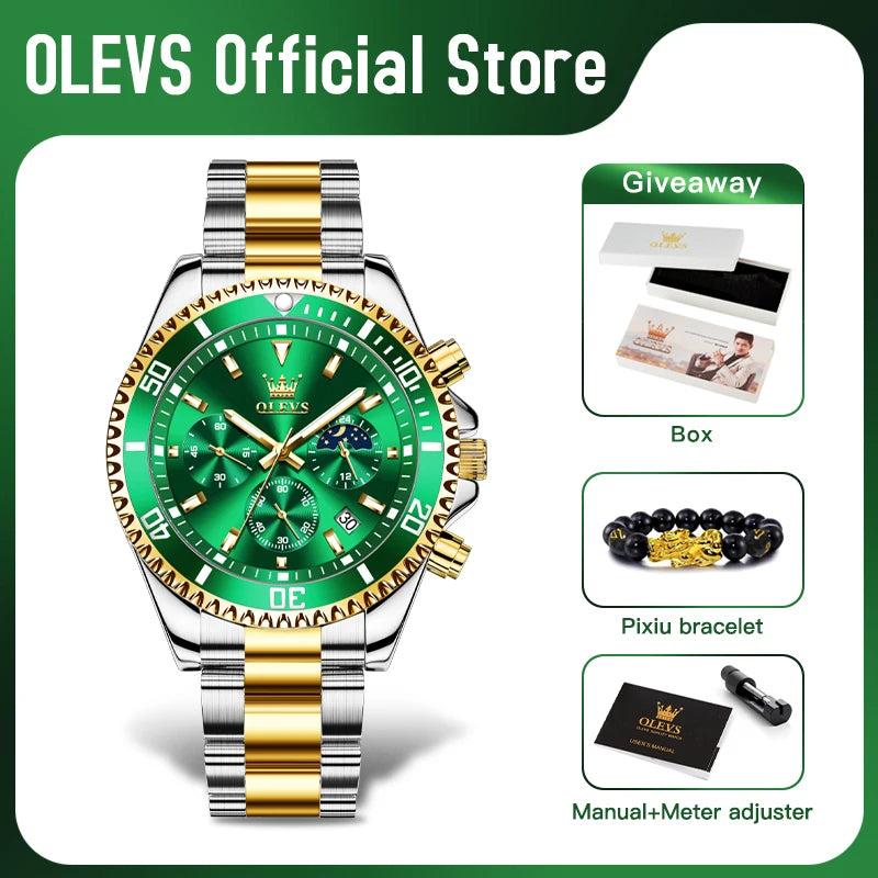 Olevs relógios masculinos marca superior relógio de luxo para homem original à prova dwaterproof água aço inoxidável cronógrafo fase da lua data rota dial